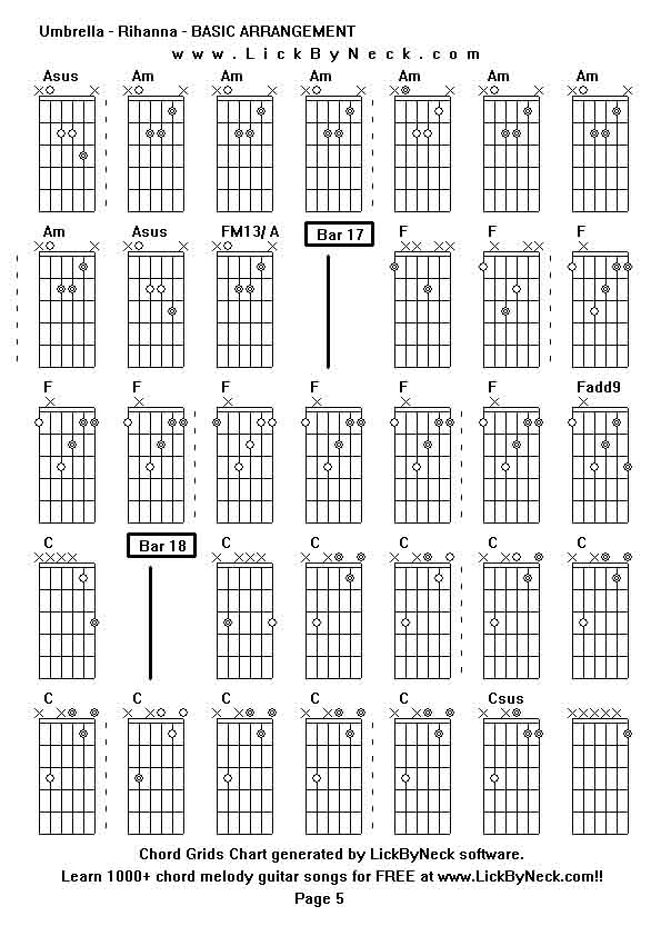 Chord Grids Chart of chord melody fingerstyle guitar song-Umbrella - Rihanna - BASIC ARRANGEMENT,generated by LickByNeck software.